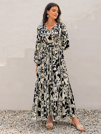 Smocked Printed Tie Neck Long Sleeve Dress Trandify Deal
