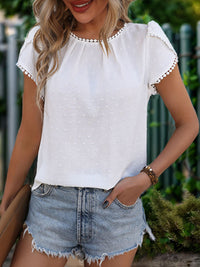 Perfee Round Neck Petal Sleeve Blouse Trandify deal