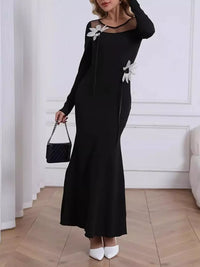 Elegant black mesh panel maxi long sleeve dress for women, bodycon style