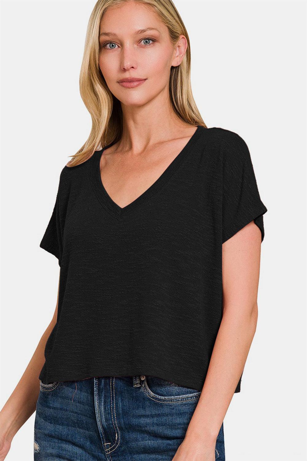 Zenana V-Neck Short Sleeve Crop T-Shirt Trandify deal