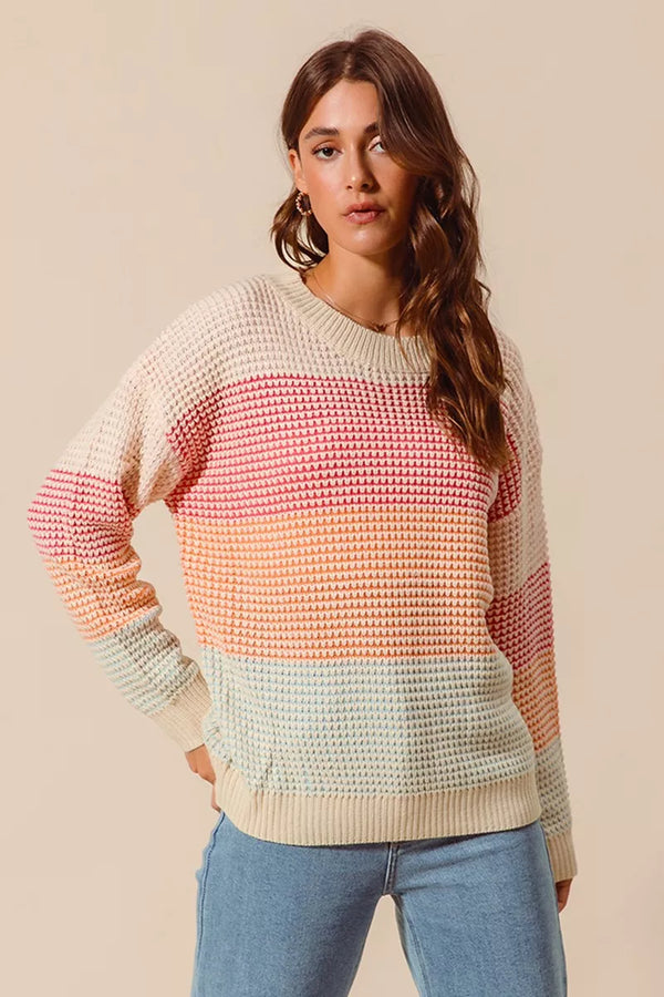 Color Block Waffle Knit Sweater - Women's Long Sleeve Top