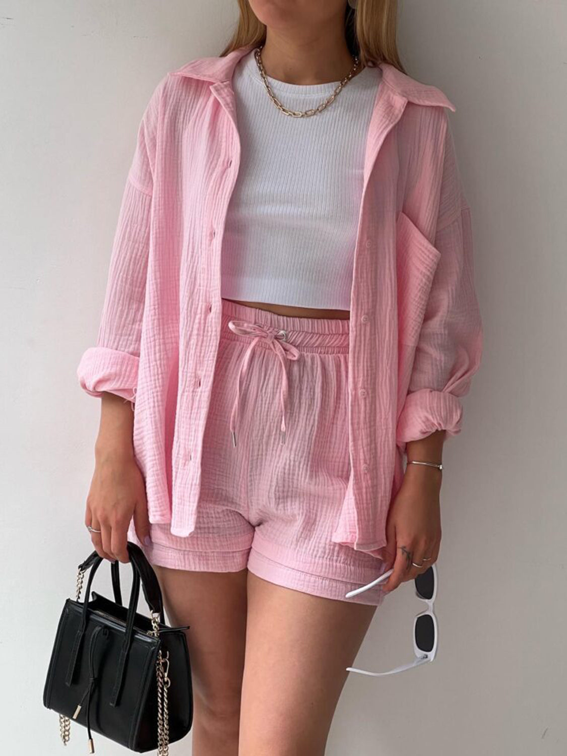 Texture Button Up Shirt and Drawstring Shorts Set Trandify deal