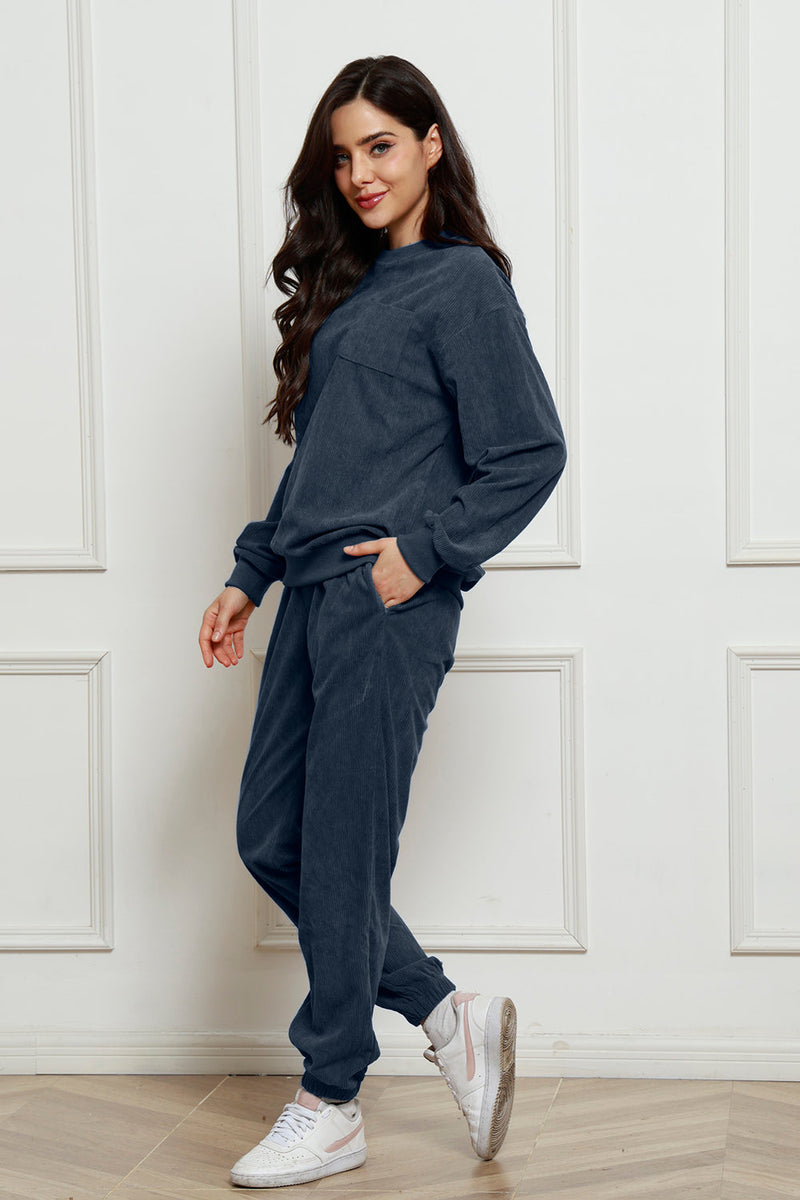 Corduroy Round Neck Sweatshirt and Sweatpants Set Trandify Deal