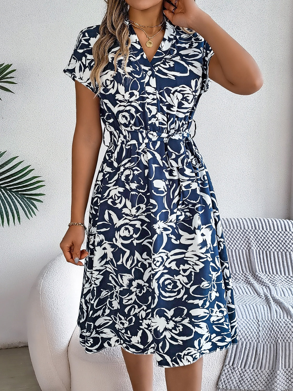 Printed V-Neck Short Sleeve Dress Trandify deal