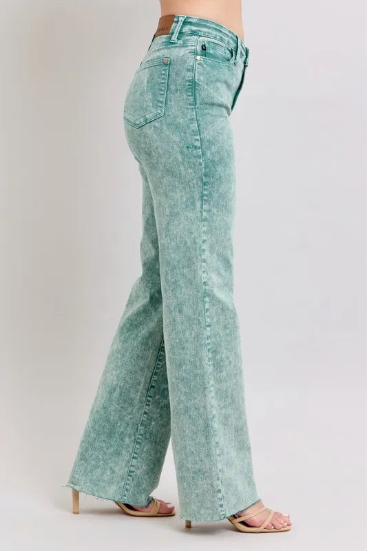 Judy Blue High Waist Dad Jeans in garment dyed wash with raw hem detail