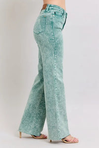 Judy Blue High Waist Dad Jeans in garment dyed wash with raw hem detail