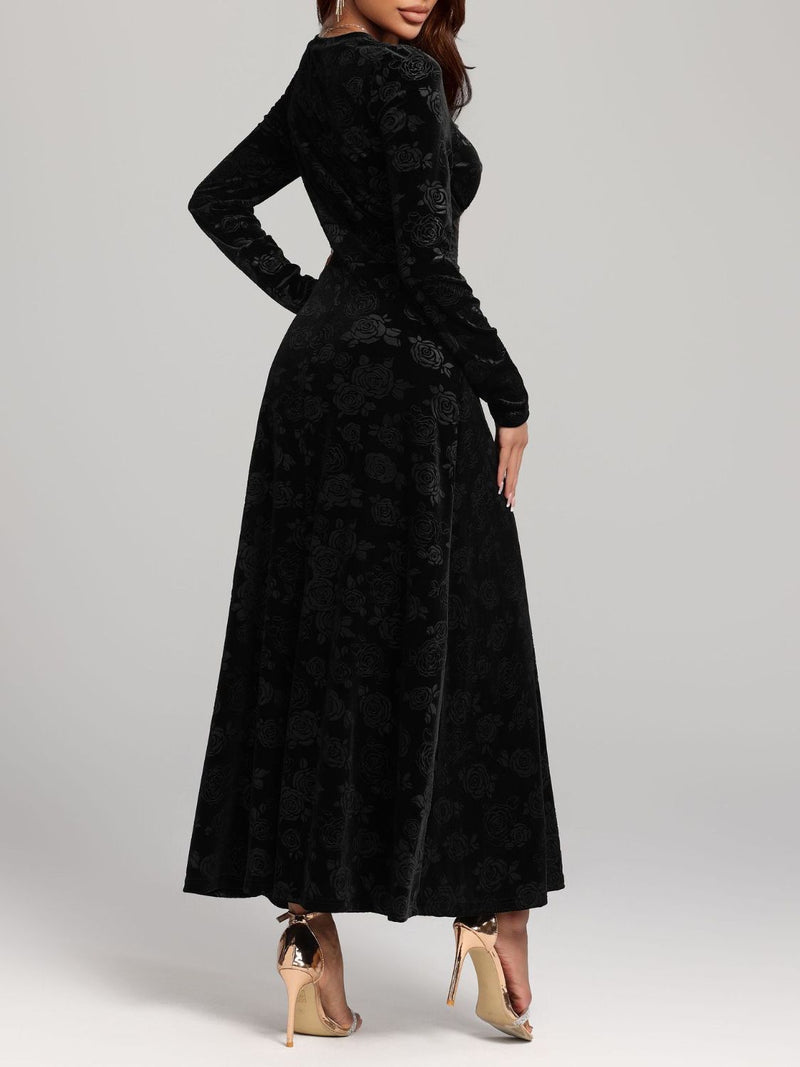 Rose Print V-Neck Long Sleeve Dress Trandify Deal