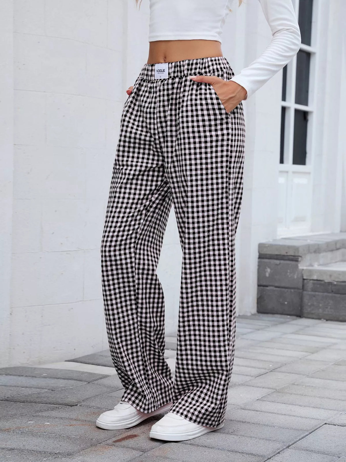 Women's Plaid Wide Leg Cotton Pants