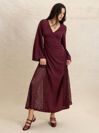 Lace Patchwork V-Neck Long Sleeve Midi Dress Trandify Deal
