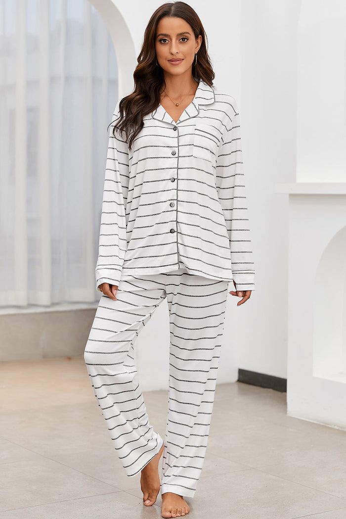 Striped V-Neck Long Sleeve Top and Pants Lounge Set Trandify Deal
