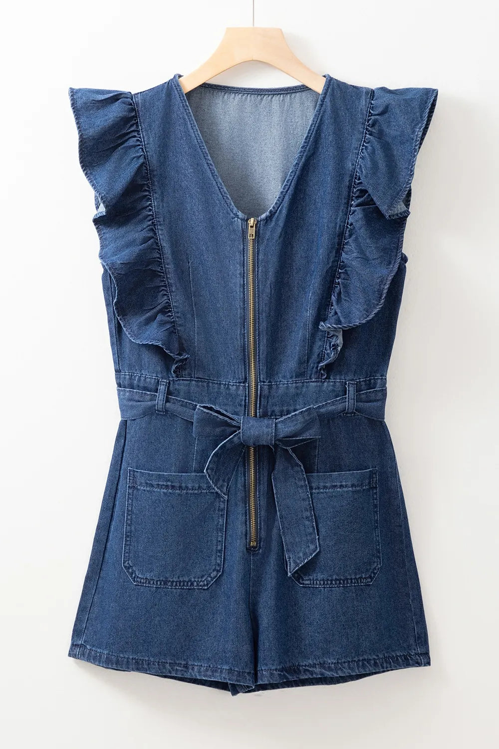 Women’s Blue Denim Romper with Ruffles & Zip Front – TrandifyDeal