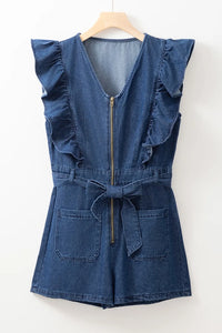 Women’s Blue Denim Romper with Ruffles & Zip Front – TrandifyDeal