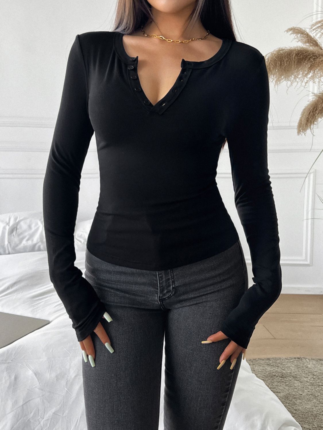 Devine Quarter Button Long Sleeve T-Shirt Trandify Deal