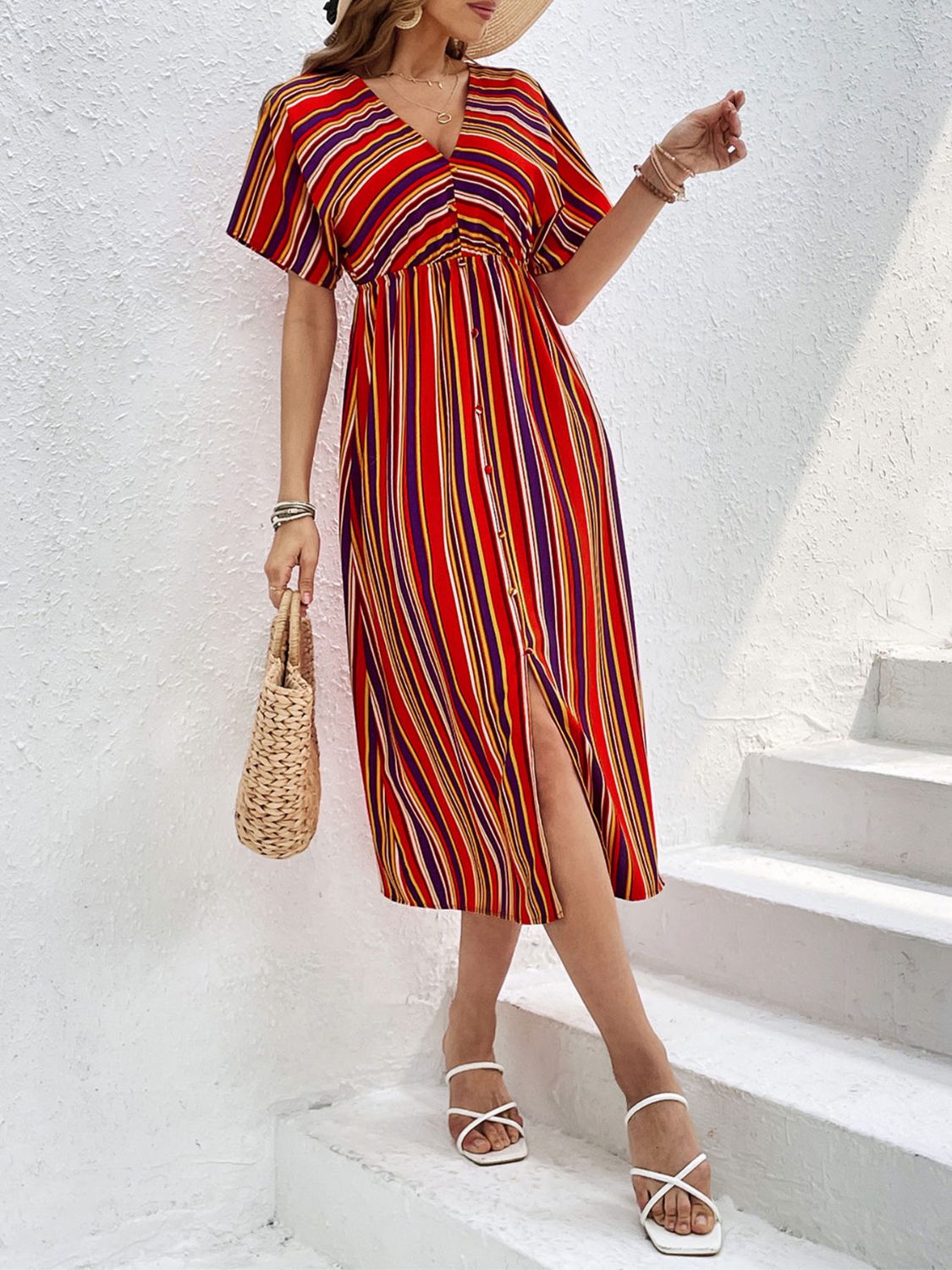 Perfee Slit Striped V-Neck Short Sleeve Midi Dress Trandify deal