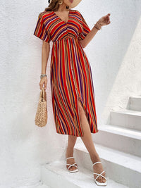 Perfee Slit Striped V-Neck Short Sleeve Midi Dress Trandify deal