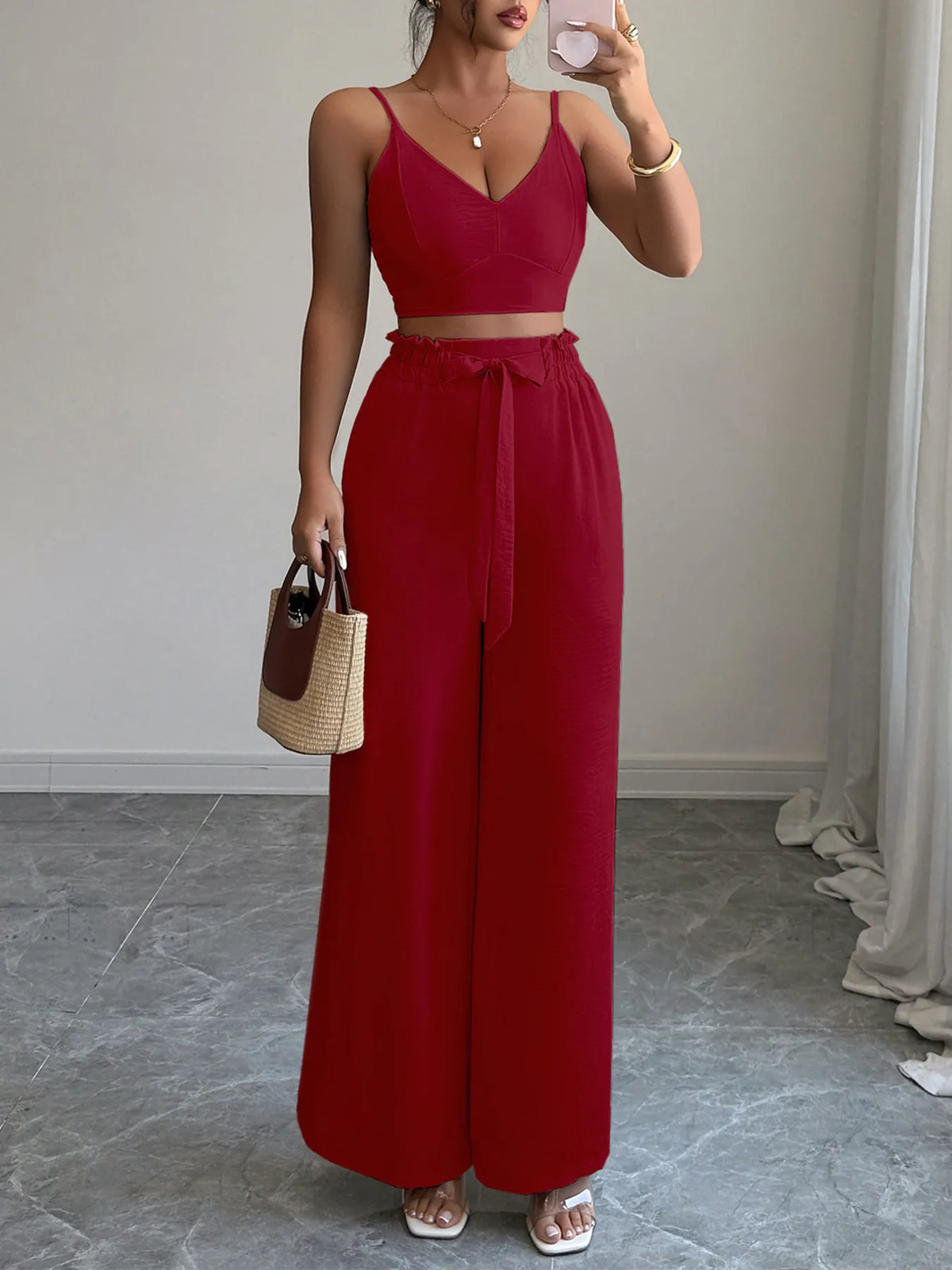 Women’s V-Neck Cami and Wide-Leg Pants Set – Boho Chic Summer Outfit