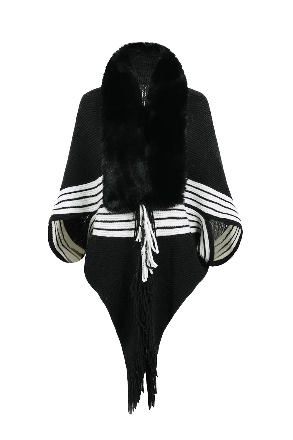 Striped Fringe Detail Long Sleeve Poncho Trandify deal