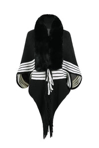 Striped Fringe Detail Long Sleeve Poncho Trandify deal