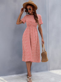 Printed Round Neck Short Sleeve Midi Dress Trandify Deal
