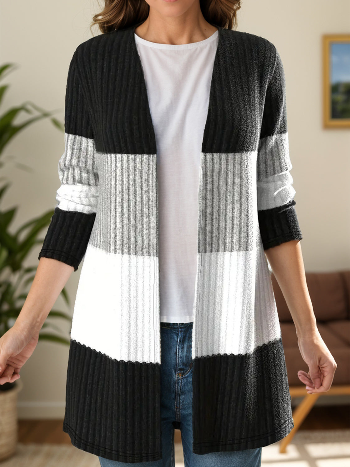 Color Block Open Front Long Sleeve Cardigan Trandify Deal