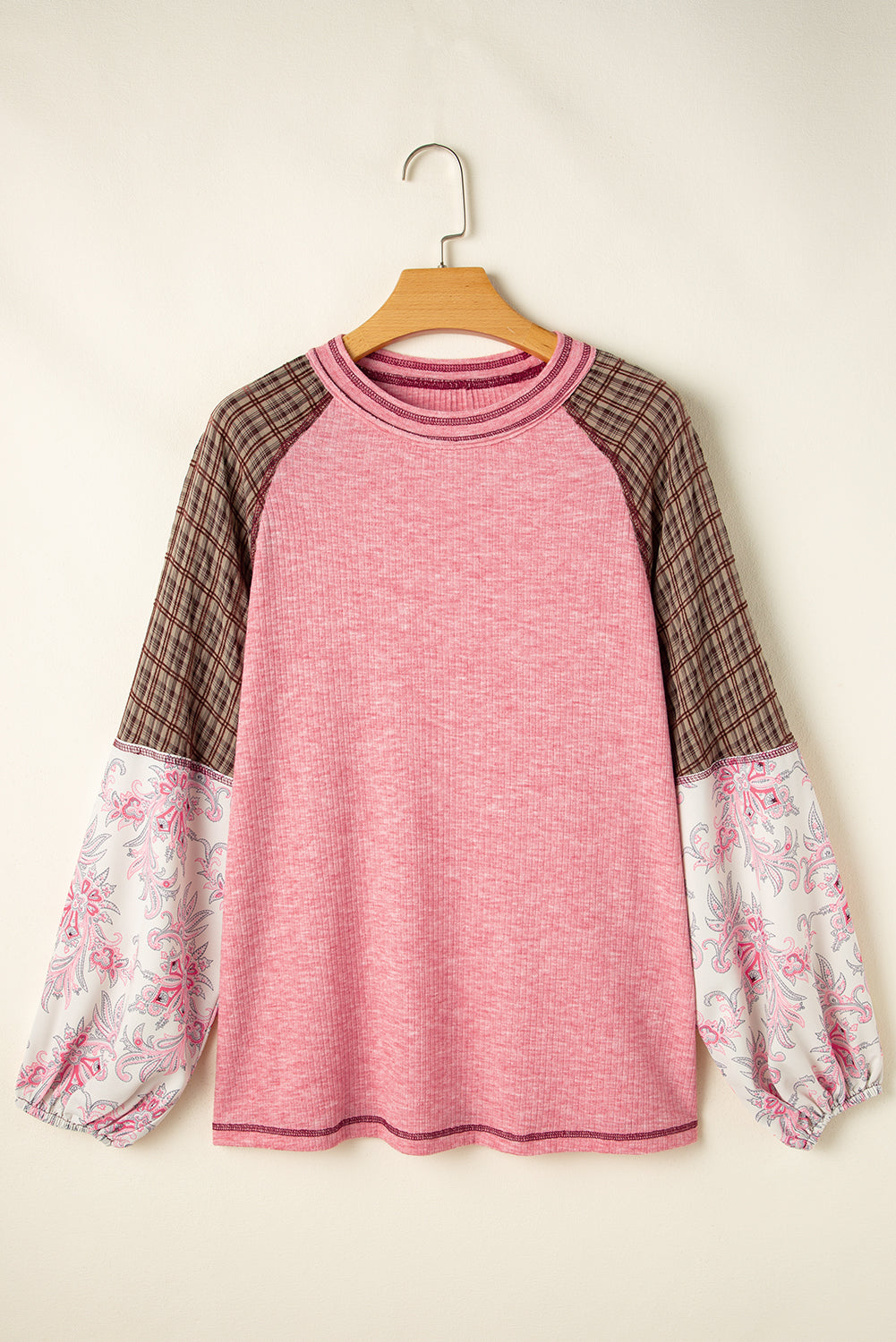 Plaid Floral Patchwork Round Neck Long Sleeve Top Trandify Deal