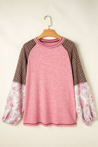 Plaid Floral Patchwork Round Neck Long Sleeve Top Trandify Deal