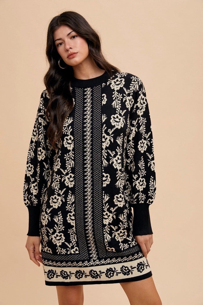 Annie Wear Floral Jacquard Round Neck Sweater Dress Trandify Deal