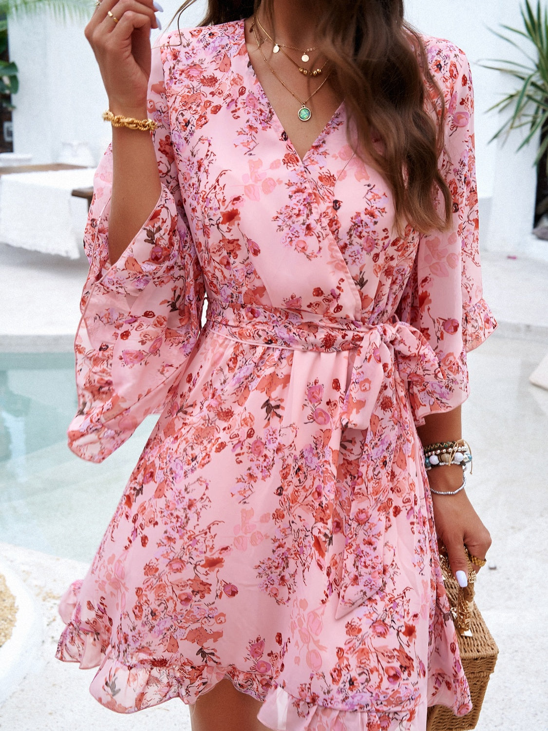 Devine Ruffled Printed Surplice Half Sleeve Mini Dress Trandify Deal