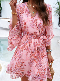 Devine Ruffled Printed Surplice Half Sleeve Mini Dress Trandify Deal