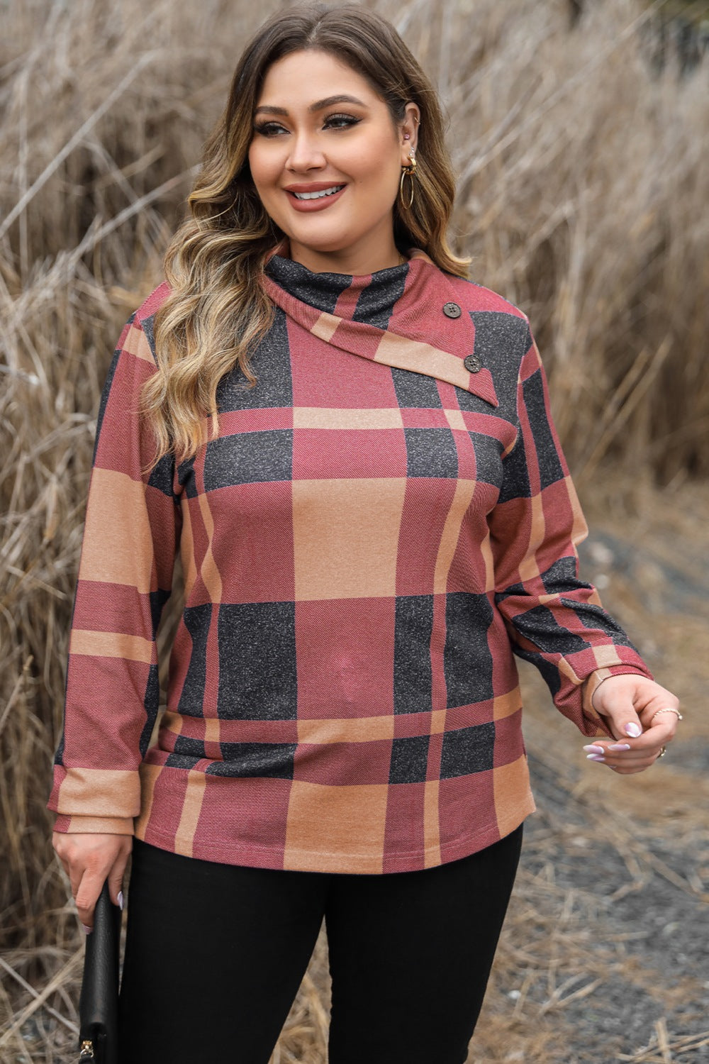 Plus Size Plaid Cowl Neck Long Sleeve Sweatshirt - Trandify Deal