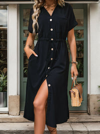 Perfee Slit Drawstring Button Up Short Sleeve Midi Dress Trandify deal