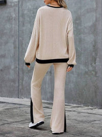 Contrast Round Neck Long Sleeve Top and Bootcut Pants Set Trandify Deal