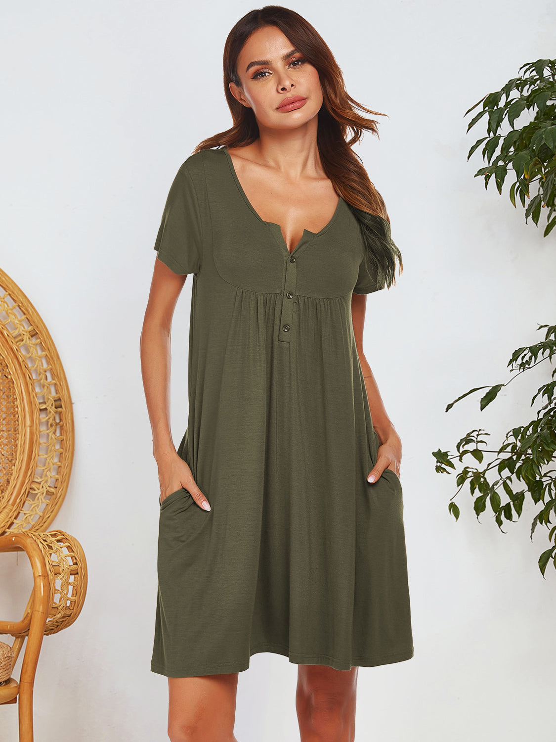 Notched Short Sleeve Mini Lounge Dress Trandify Deal