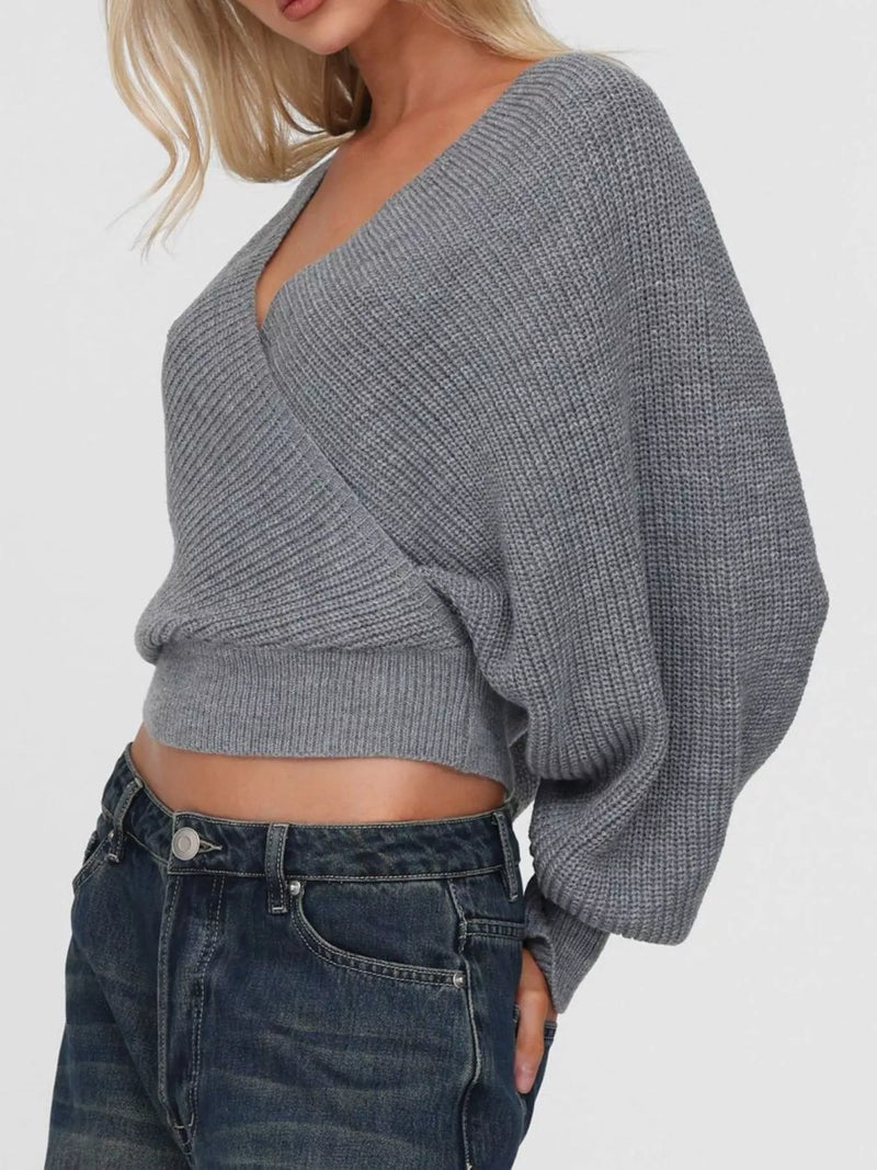 Women's Surplice Cropped Sweater with Back Tie