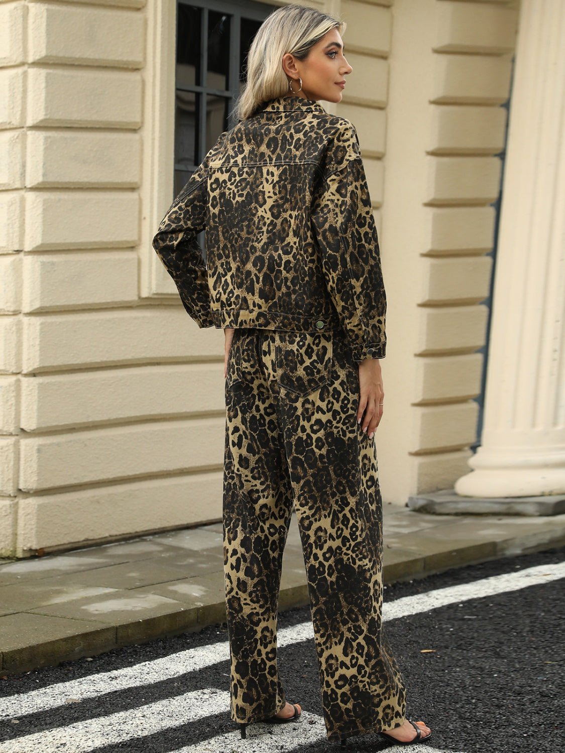 Pocketed Leopard Long Sleeve Denim Jacket Trandify Deal