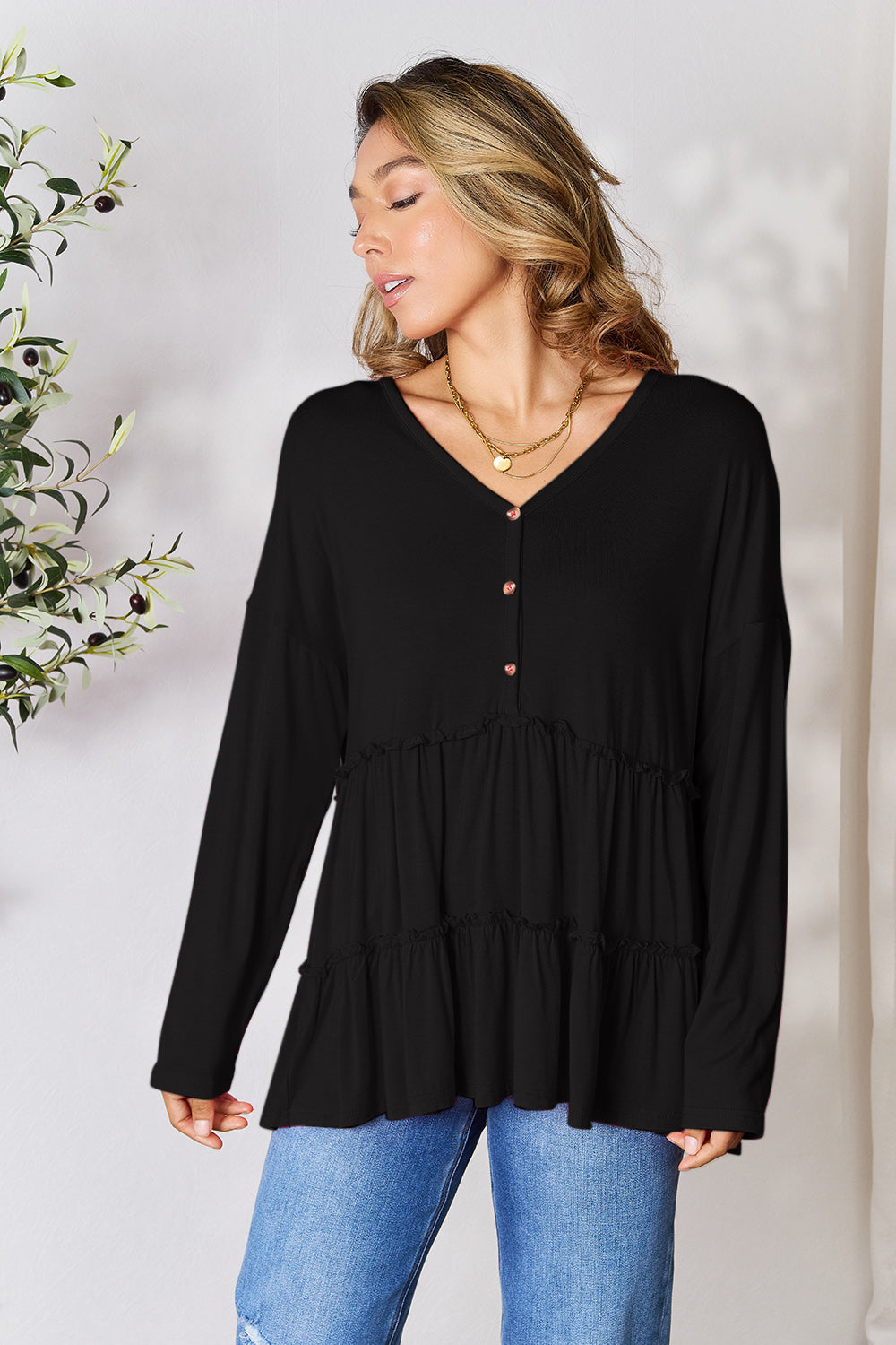 Double Take Half Button Long Sleeve Ruffle Hem Blouse Trandify Deal
