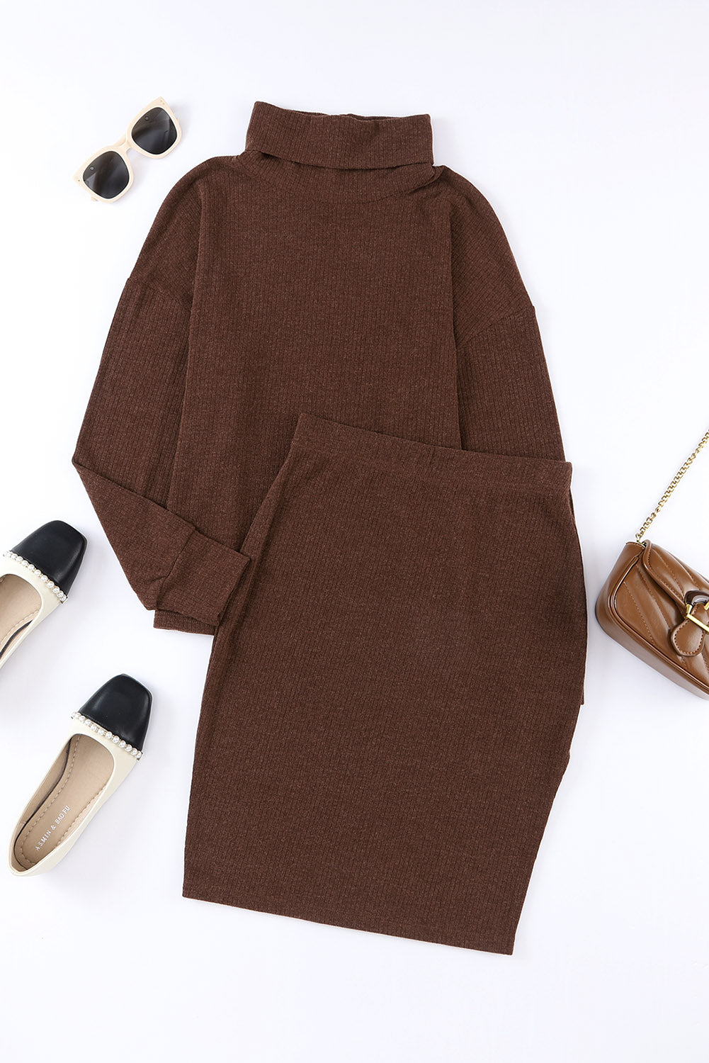 Mock Neck Long Sleeve Top and Slit Skirt Set Trandify deal