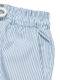 Drawstring Striped Wide Leg Cargo Pants in Light Blue shown on a model, featuring side stripes and large cargo pockets.