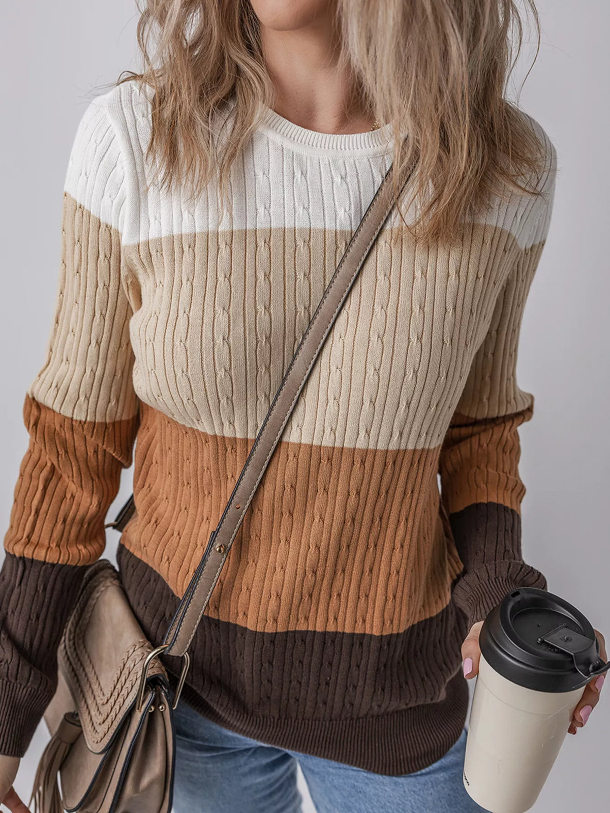 Women's Colorblock Cable Knit Sweater - 100% Cotton