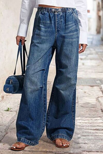 Trendy Drawstring Waist Wide Leg Shirred Jeans for Women – Trandify Deal