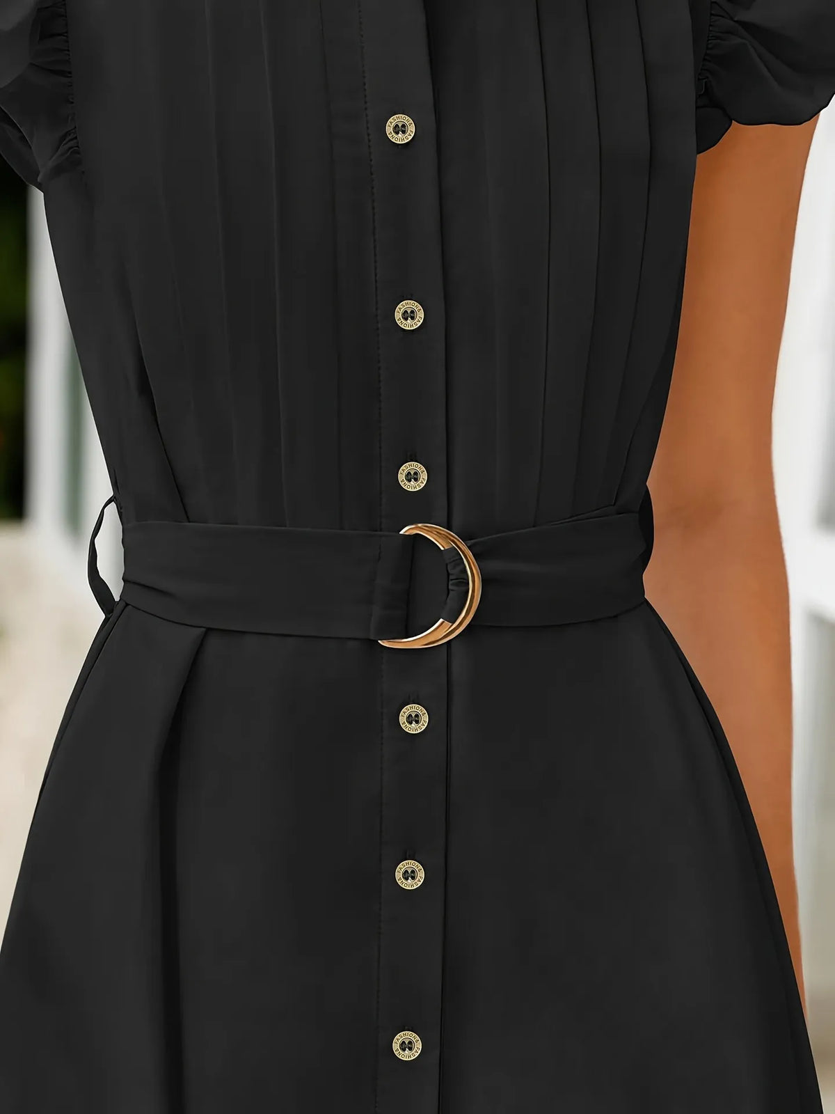 Women’s Ruffled Button-Front Midi Dress in Black – Flowy Summer A-Line Dress with Puff Sleeves