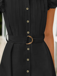 Women’s Ruffled Button-Front Midi Dress in Black – Flowy Summer A-Line Dress with Puff Sleeves
