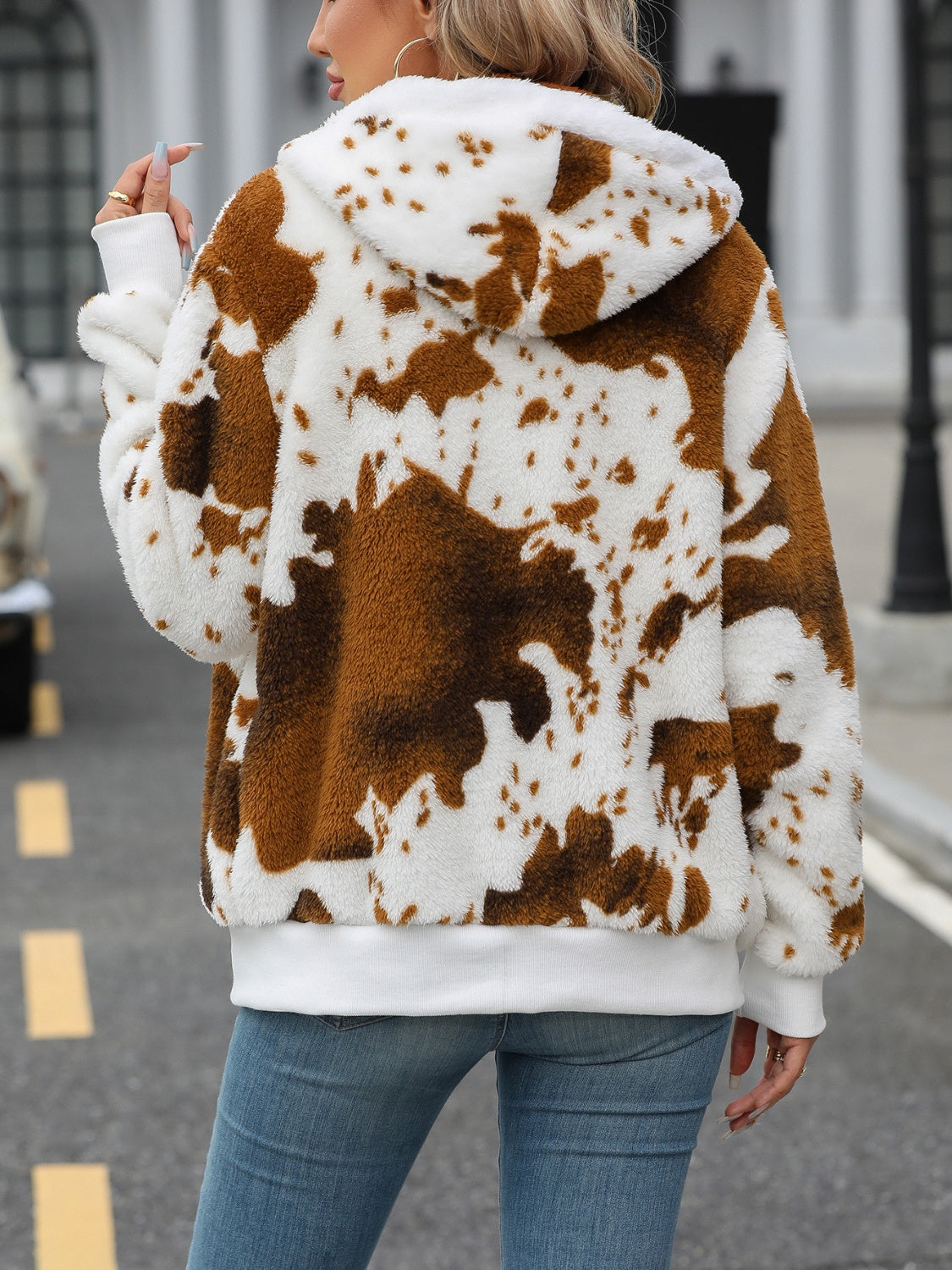 Fuzzy Drawstring Zip Up Hooded Jacket Trandify Deal