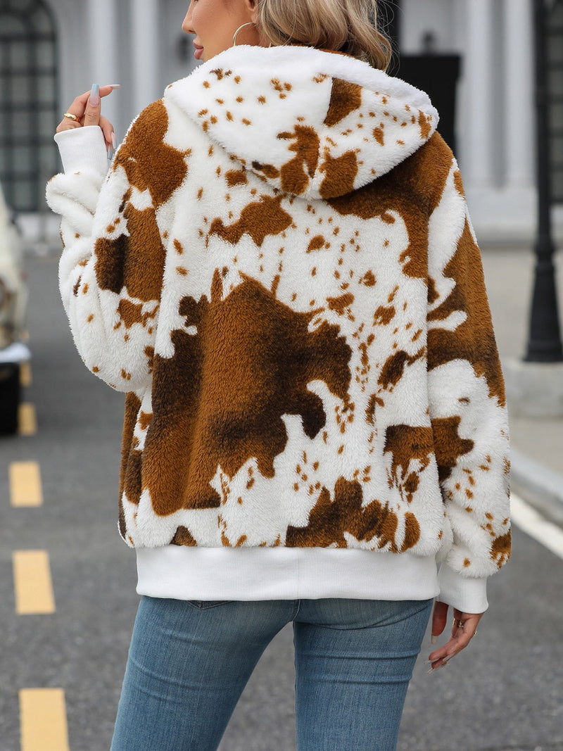 Fuzzy Drawstring Zip Up Hooded Jacket Trandify Deal
