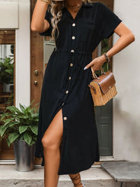 Perfee Slit Drawstring Button Up Short Sleeve Midi Dress Trandify deal