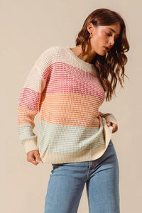 Color Block Waffle Knit Sweater - Women's Long Sleeve Top