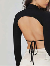 Sexy Backless Long Sleeve Cropped Mock Neck T-Shirt for Women – Trendy Streetwear Top
