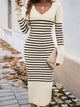 Striped V-Neck Long Sleeve Sweater Dress Trandify Deal
