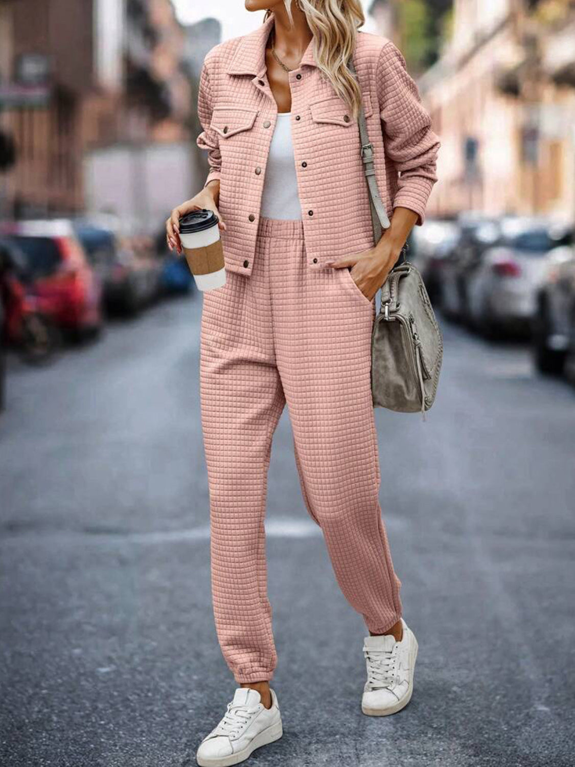 Plaid Texture Snap Down Top and Pants Set Trandify deal