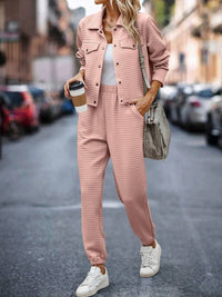 Plaid Texture Snap Down Top and Pants Set Trandify deal